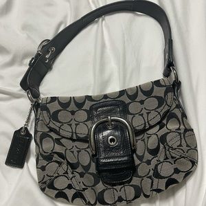 Black Leather and Canvas Coach Shoulder Bag